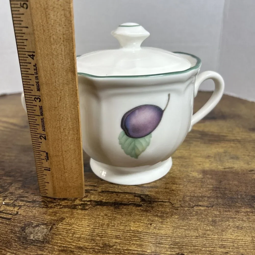 Vintage Epoch Market Day Sugar Bowl w Lid Plum Fruit Green Trim EUC Cottagecore
